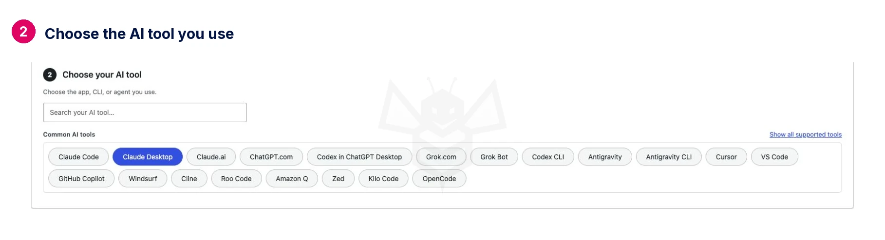 Choose the AI tool you use · Novamira