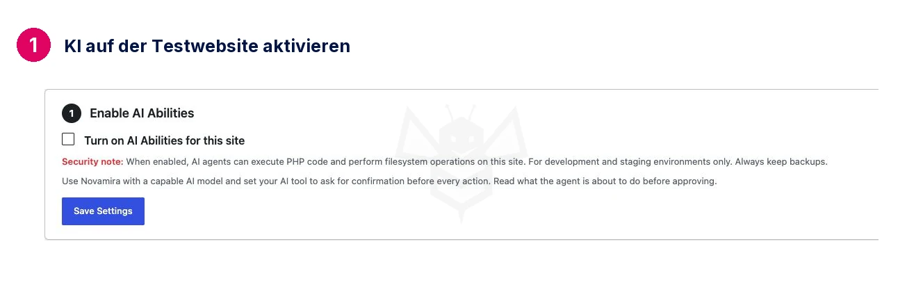 KI auf der Testwebsite aktivieren · Novamira