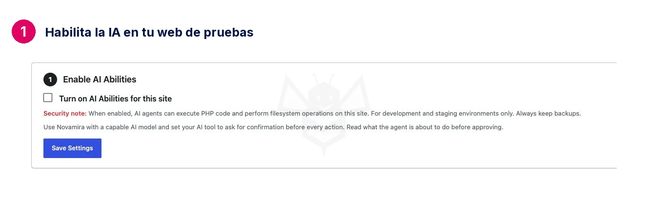 Habilita la IA en tu web de pruebas · Novamira