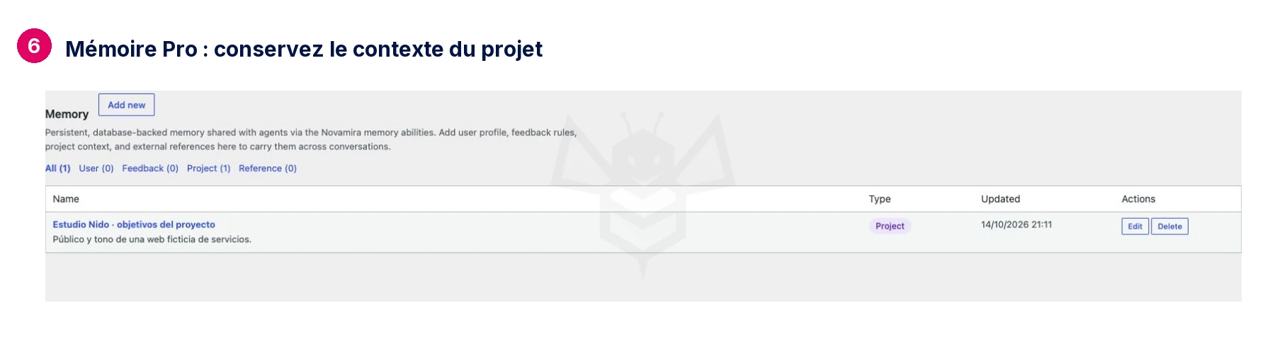 Mémoire Pro : conservez le contexte du projet · Novamira