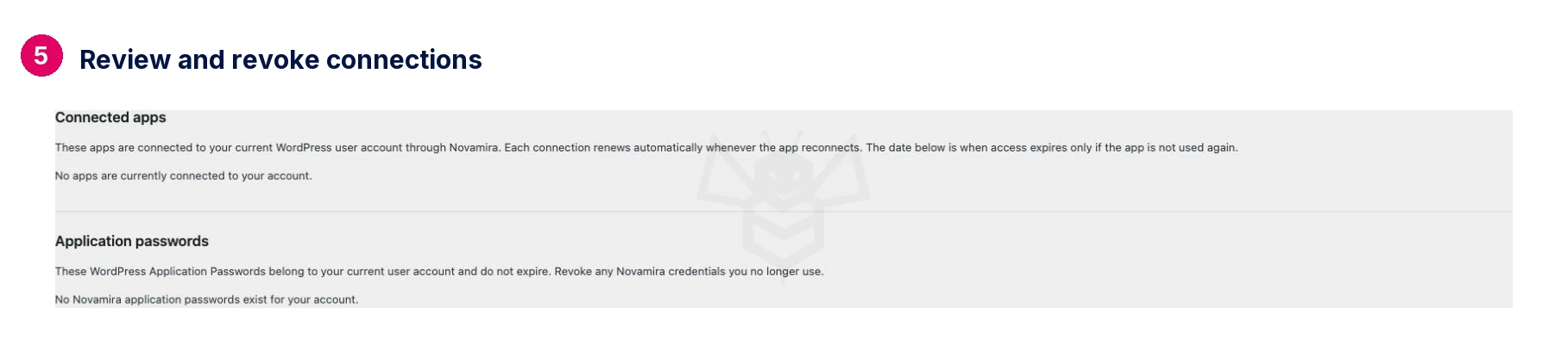 Review and revoke connections · Novamira
